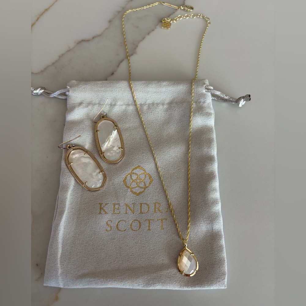Kendra Scott Mother of Pearl and gold Necklace and Earrings
